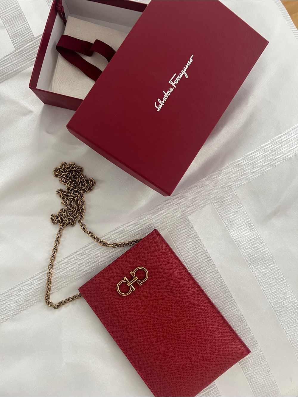 Salvatore Ferragamo Red Leather Gancini Chain Crossbody Wallet